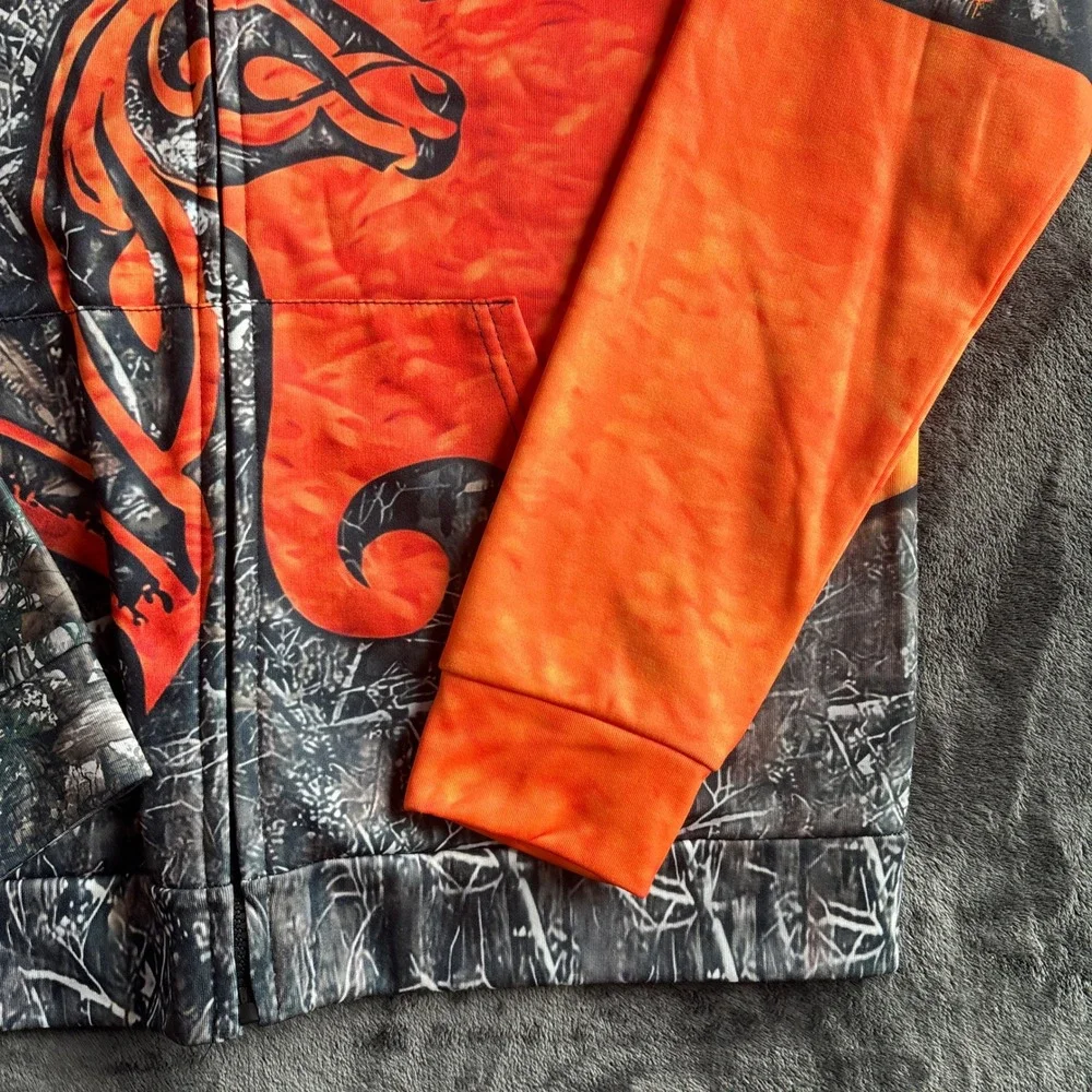 Mens Blaze Orange Camo Deer Hunting‎ Full Zip Hoodie Large